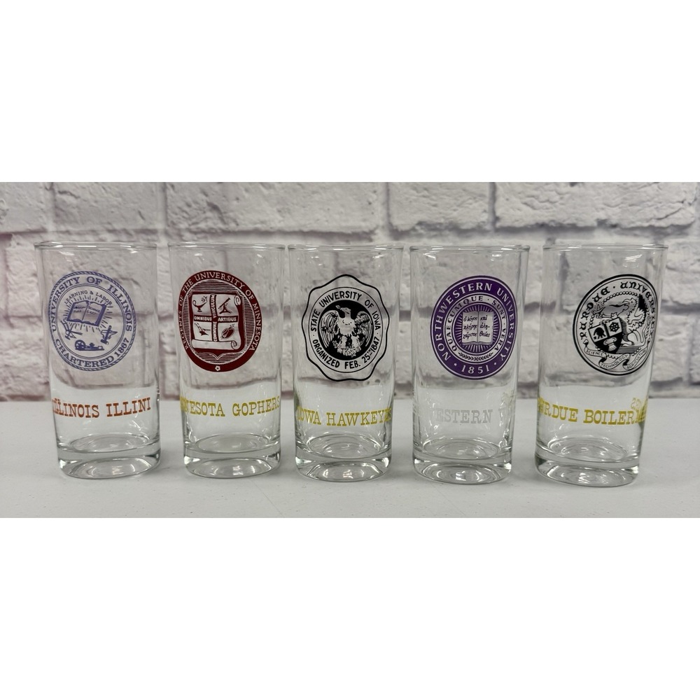 Vintage NCAA Big Ten Glasses Complete Set Of 5 1965 Marathon Oil Co Purdue Iowa
